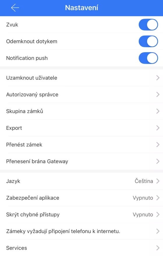 TTLock nastavení aplikace