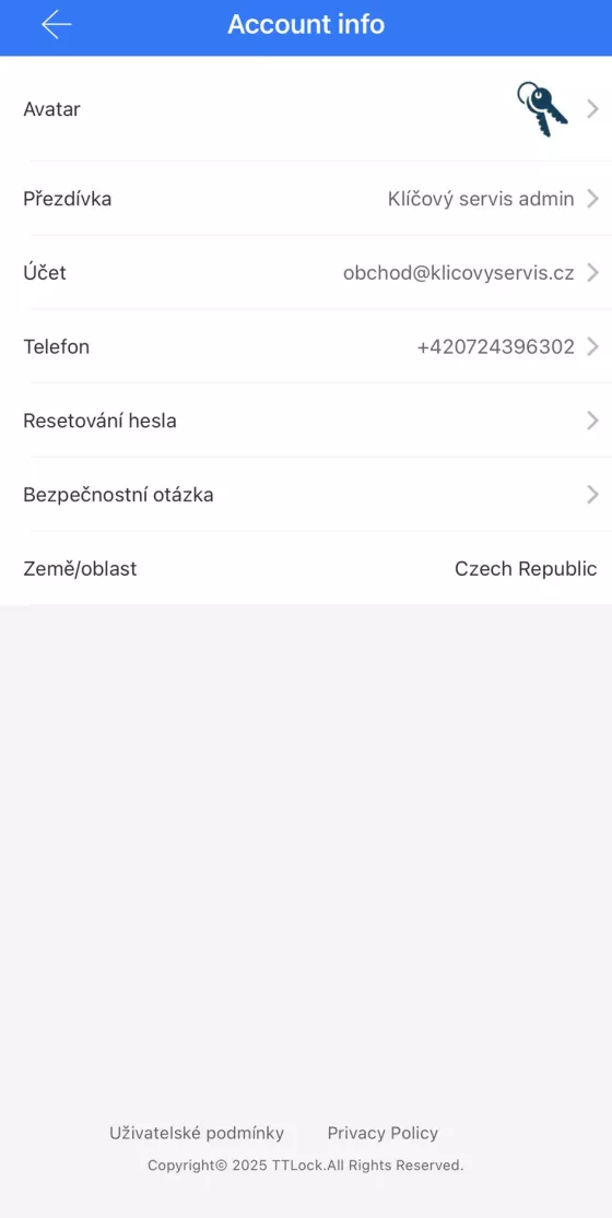 TTLock nastavení uživatelského účtu
