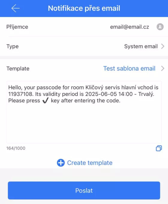 Zasílání přístupového kódu pomocí emailu přímo z aplikace TTLock.