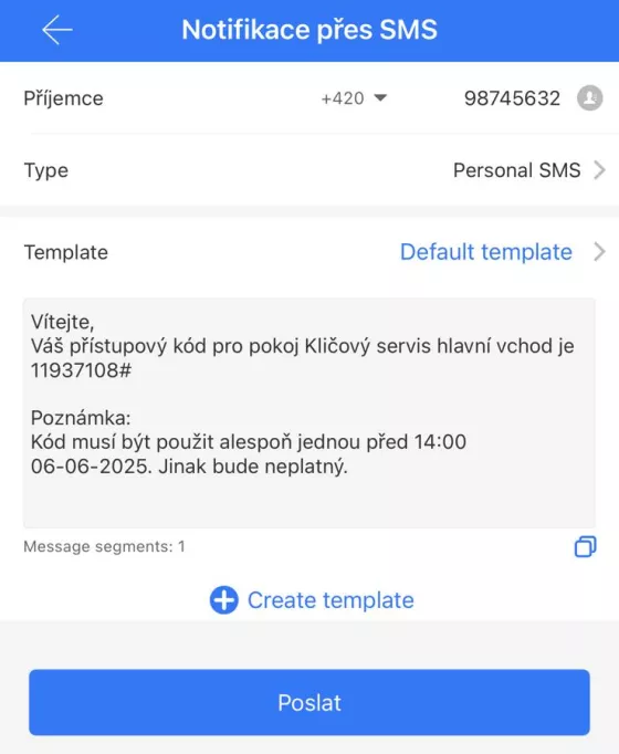 Zasílání přístupového kódu pomocí SMS přímo z aplikace TTLock.